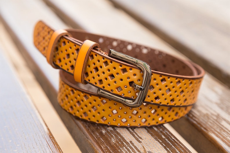 Mustard natural leather belt yellow perforated wide solid Etsy