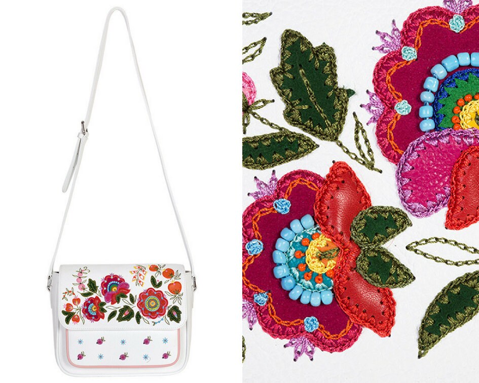 White leather messenger bag with embroidered flowers Etsy