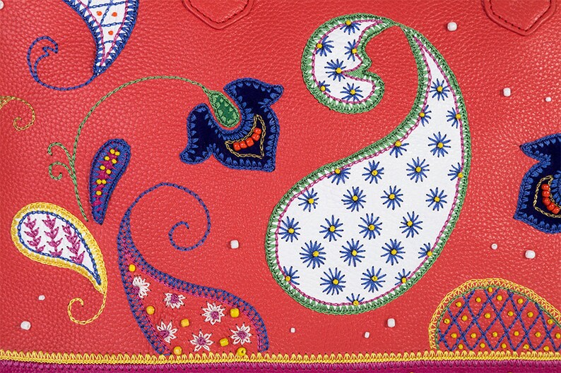 travel document holder embroidered handbag zipper tote diaper bag Red leather laptop bag with paisley design work bag women briefcase