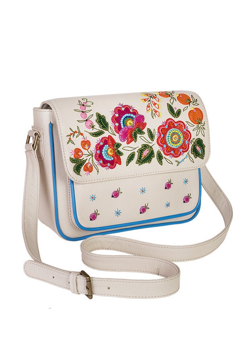 White leather messenger bag with embroidered flowers Etsy