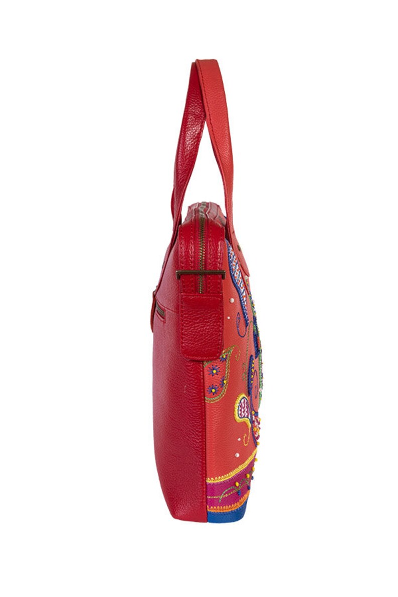 travel document holder embroidered handbag zipper tote diaper bag Red leather laptop bag with paisley design work bag women briefcase
