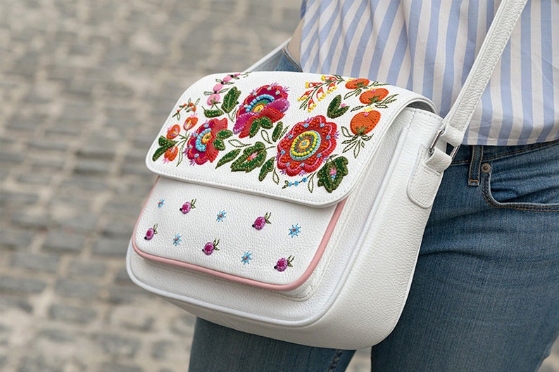 White leather messenger bag with embroidered flowers Etsy