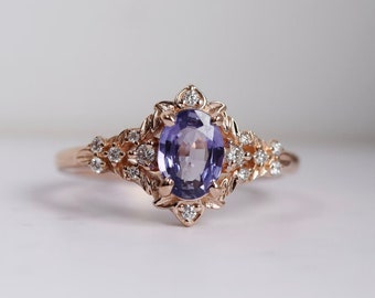 Purple Lavender Sapphire Oval Cut Engagement Ring in 14k Rose Gold, Fantasy Wedding Ring, Lord of the Rings Inspired Ring, Moissanite Ring