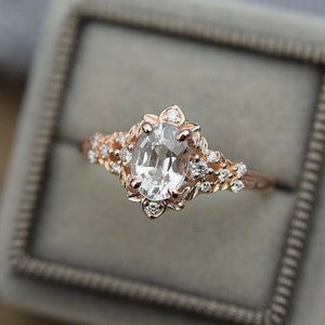 Fairy White Sapphire and Diamond Oval Cut Engagement Ring in 14k Rose Gold, September Birthstone Ring, Art Nouveau Ring, Multi Stone Ring image 5