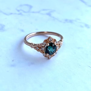 Vintage inspired Green Sapphire Engagement Ring Round Sapphire Ring 14k Rose Gold, Multi Stone Ring Unique Sapphire Ring Elegant Ring image 5