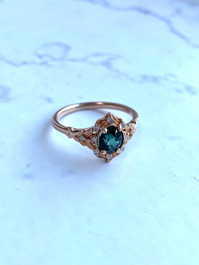 Vintage inspired Green Sapphire Engagement Ring Round Sapphire Ring 14k Rose Gold, Multi Stone Ring Unique Sapphire Ring Elegant Ring image 5