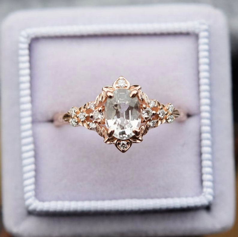 Fairy White Sapphire and Diamond Oval Cut Engagement Ring in 14k Rose Gold, September Birthstone Ring, Art Nouveau Ring, Multi Stone Ring image 2