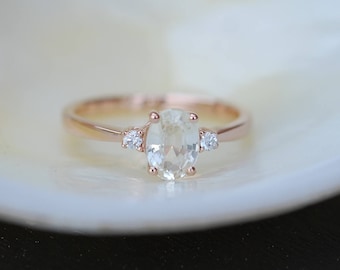 White sapphire engagement ring. Promise ring. Oval engagement ring. 3 stone ring. Rose gold engagement ring. Gemstone ring by Eidelprecious