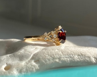 Garnet Floral Engagement Ring 14k Yellow Gold | January Birthstone Ring