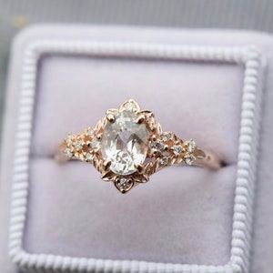 Fairy White Sapphire and Diamond Oval Cut Engagement Ring in 14k Rose Gold, September Birthstone Ring, Art Nouveau Ring, Multi Stone Ring