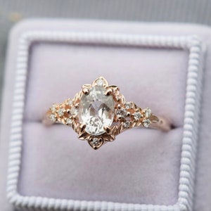 Fairy White Sapphire and Diamond Oval Cut Engagement Ring in 14k Rose Gold, September Birthstone Ring, Art Nouveau Ring, Multi Stone Ring image 1