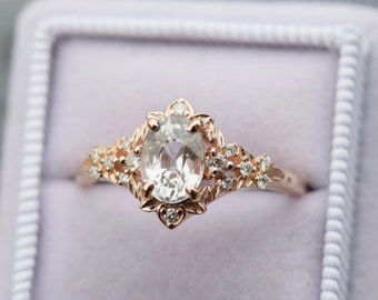 White Sapphire Diamond Ring: 14k Rose Gold Art Nouveau Engagement Ring
