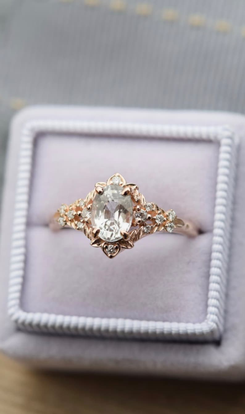 Fairy White Sapphire and Diamond Oval Cut Engagement Ring in 14k Rose Gold, September Birthstone Ring, Art Nouveau Ring, Multi Stone Ring image 1