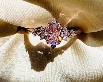 Elvish Pastel Pink Sapphire Engagement Ring: 14k Rose Gold Moissanite Fantasy Ring
