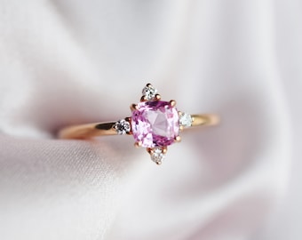 Pink sapphire engagement ring. Promise ring. Cushion engagement ring. 5 stone ring. Rose gold engagement ring. Gemstone Eidelprecious