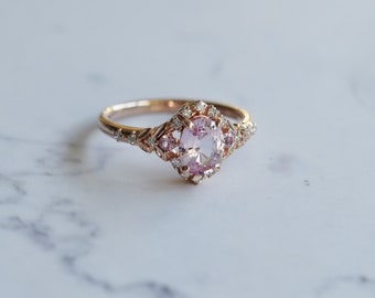 Version 2 Enchanted forest pink sapphire engagement ring Vintage filigree ring. Engagement Ring. Peach Sapphire rose gold ring Eidelprecious