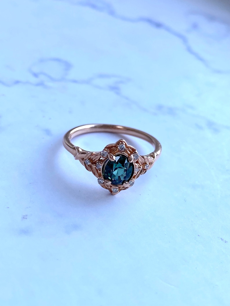 Vintage inspired Green Sapphire Engagement Ring Round Sapphire Ring 14k Rose Gold, Multi Stone Ring Unique Sapphire Ring Elegant Ring image 6