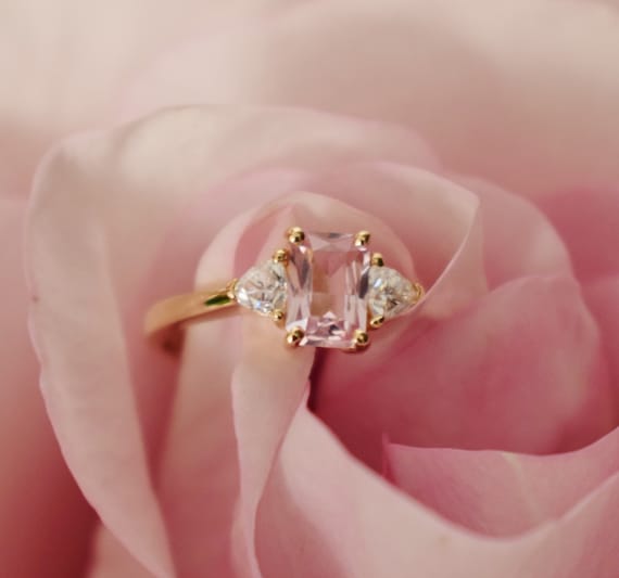 Peach Sapphire Engagement Ring: Trillion 14k Yellow Gold Moissanite Ring by Eidelprecious