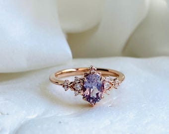 Lavender Grey Spinel and diamonds rose gold ring. Delicate unique engagement ring.