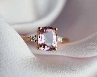 Raspberry sapphire engagement ring. Promise ring. Cushion engagement ring. 3 stone ring. Rose gold engagement ring. Gemstone Eidelprecious