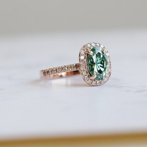 Green moissanite salt and pepper diamond ring. Forever one moissanite engagement ring. Rose gold engagement ring. Gemstone ring image 3