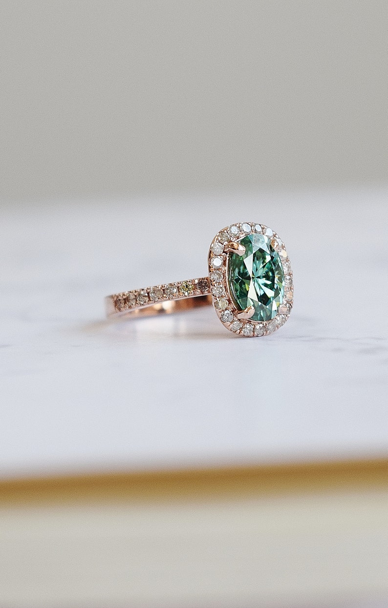 Green moissanite salt and pepper diamond ring. Forever one moissanite engagement ring. Rose gold engagement ring. Gemstone ring image 3