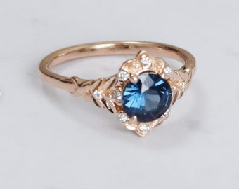 Vintage Inspired Blue Sapphire Engagement Ring: 14k Rose Gold, Diamond Accents