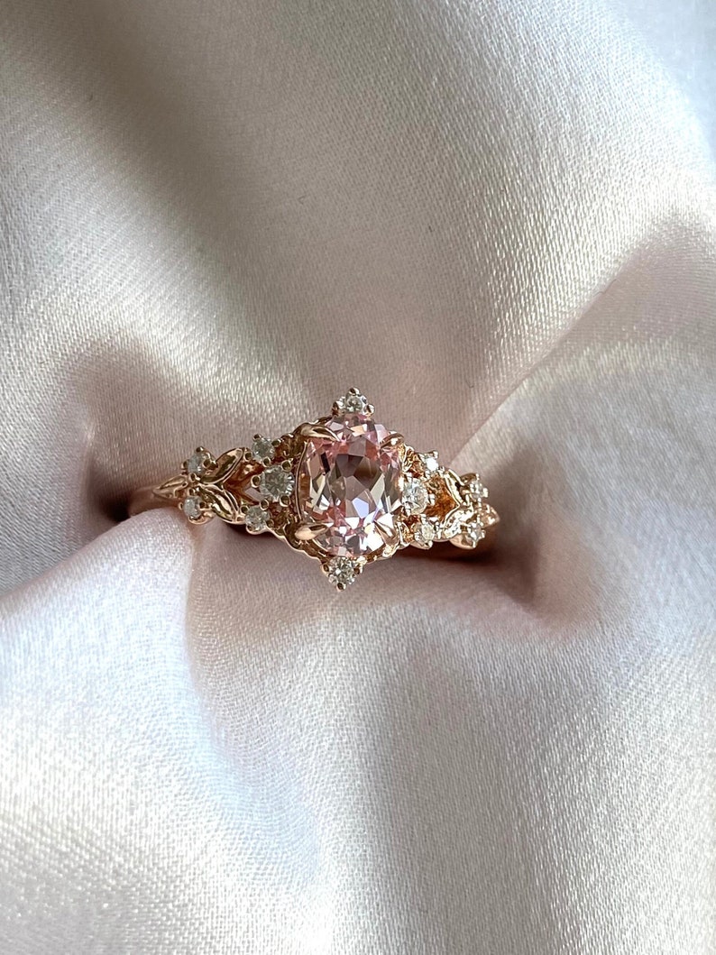 Enchanted forest pink sapphire engagement ring. Vintage filigree ring. Engagement Ring. Peach Sapphire rose gold ring by Eidelprecious image 3