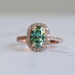 Green moissanite salt and pepper diamond ring. Forever one moissanite engagement ring. Rose gold engagement ring. Gemstone ring image 2