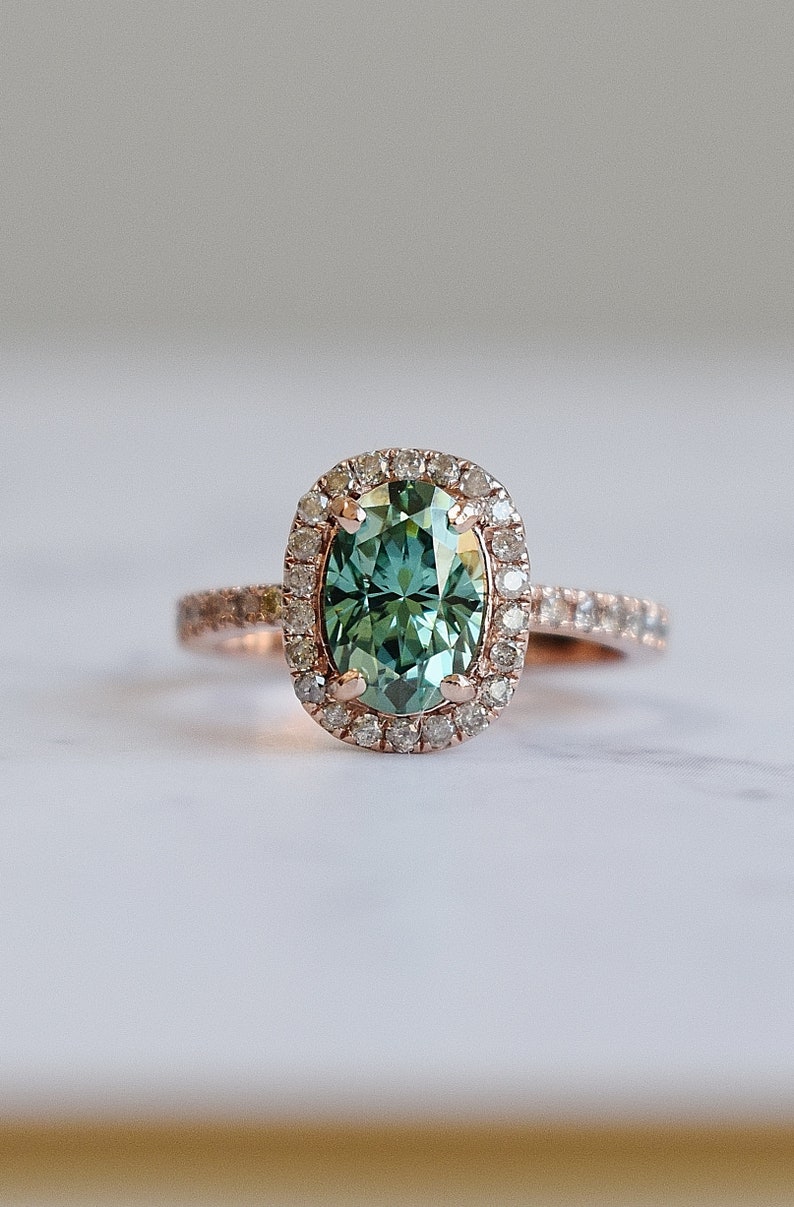 Green moissanite salt and pepper diamond ring. Forever one moissanite engagement ring. Rose gold engagement ring. Gemstone ring image 2