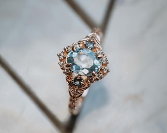 Delicate Mint Sapphire and diamonds engagement Ring in 14k Gold, Fantasy design.