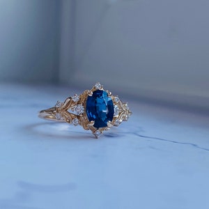 Enchanted forest blue sapphire engagement ring. Vintage filigree ring. Engagement Ring. Peach Sapphire rose gold ring by Eidelprecious image 8