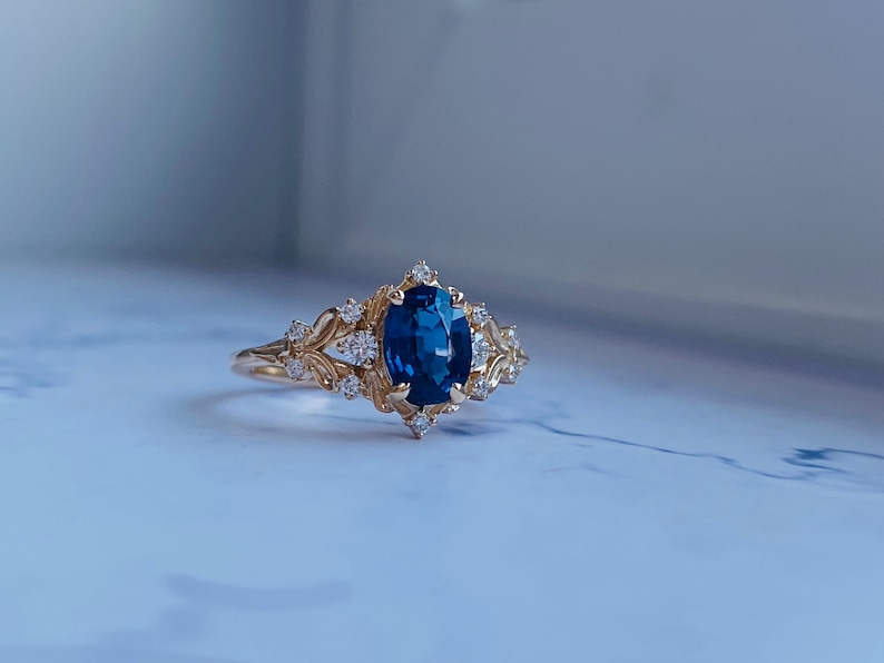 Enchanted forest blue sapphire engagement ring. Vintage filigree ring. Engagement Ring. Peach Sapphire rose gold ring by Eidelprecious image 8
