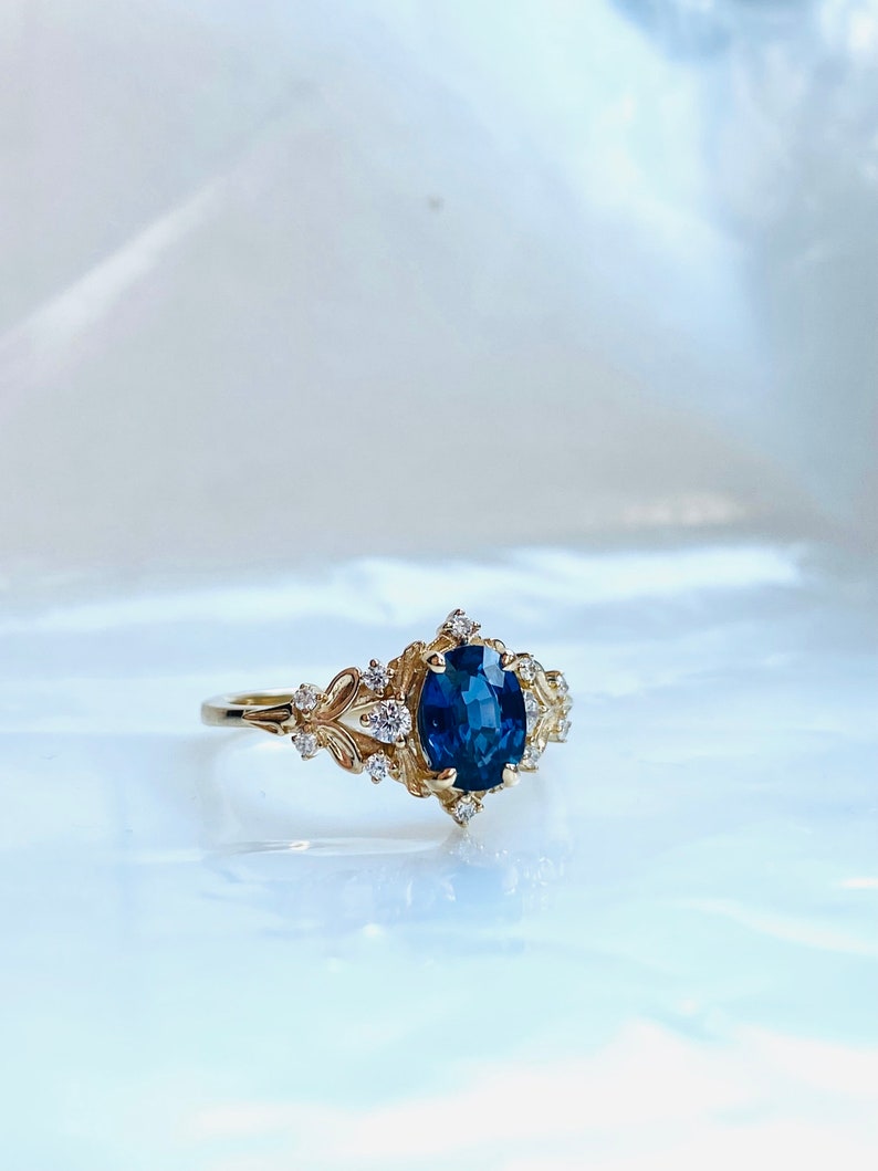 Enchanted forest blue sapphire engagement ring. Vintage filigree ring. Engagement Ring. Peach Sapphire rose gold ring by Eidelprecious image 1