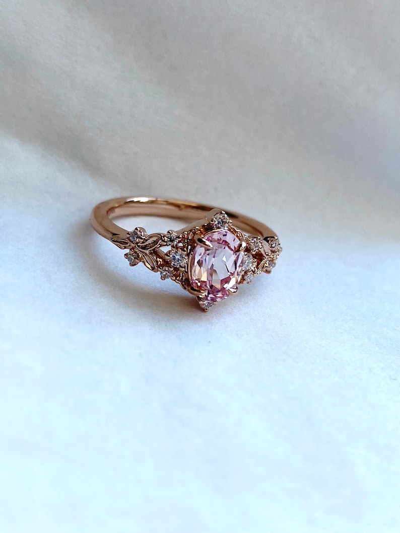 Enchanted forest pink sapphire engagement ring. Vintage filigree ring. Engagement Ring. Peach Sapphire rose gold ring by Eidelprecious image 8