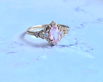 Fairy Blush Sapphire Diamond Engagement Ring Gold, Whimsical Pink sapphire Engagement ring, Enchanted engagemnt ring