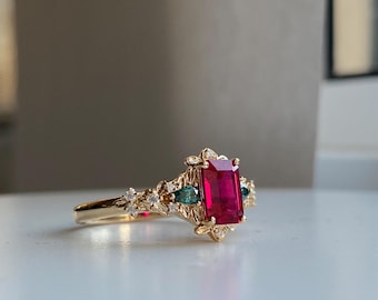 Fairy Ruby and Diamonds Engagement Ring in 14k Gold. Delicate emerald cut ring.