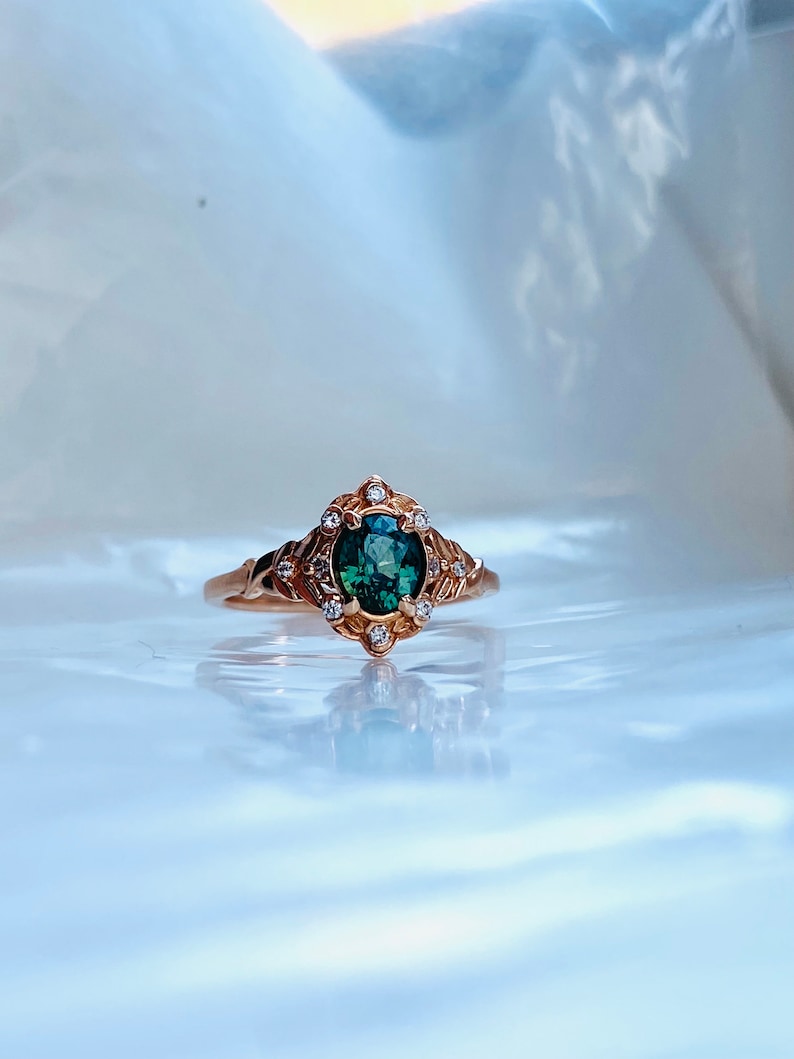 Vintage inspired Green Sapphire Engagement Ring Round Sapphire Ring 14k Rose Gold, Multi Stone Ring Unique Sapphire Ring Elegant Ring image 2