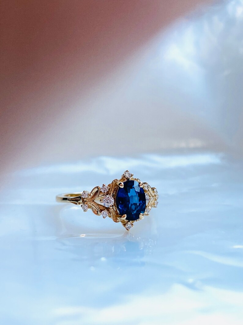 Enchanted forest blue sapphire engagement ring. Vintage filigree ring. Engagement Ring. Peach Sapphire rose gold ring by Eidelprecious image 7