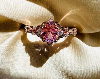 Arwen Watermelon Sapphire Engagement Ring: 14k Rose Gold Elvish Moissanite Ring