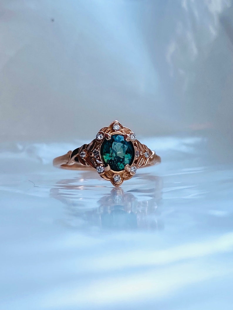 Vintage inspired Green Sapphire Engagement Ring Round Sapphire Ring 14k Rose Gold, Multi Stone Ring Unique Sapphire Ring Elegant Ring image 7