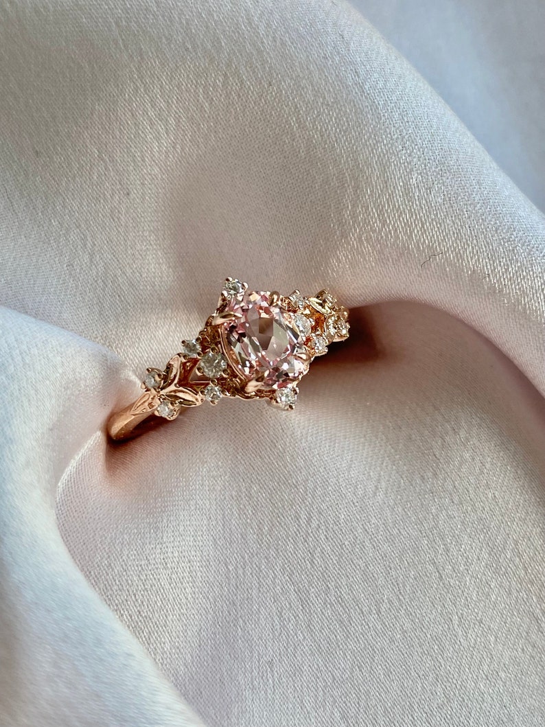 Enchanted forest pink sapphire engagement ring. Vintage filigree ring. Engagement Ring. Peach Sapphire rose gold ring by Eidelprecious image 4