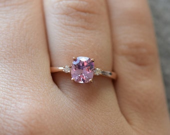 Raspberry sapphire engagement ring. Promise ring. Cushion engagement ring. 3 stone ring. Rose gold engagement ring. Gemstone Eidelprecious