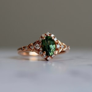 Green Sapphire Engagement Ring Gold, Fantasy vintage engagement ring September Birthstone Ring, Delicate Ring, Fairy Tale Ring