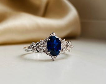 Blue Sapphire Floral Engagement Ring 14k White Gold | September Birthstone