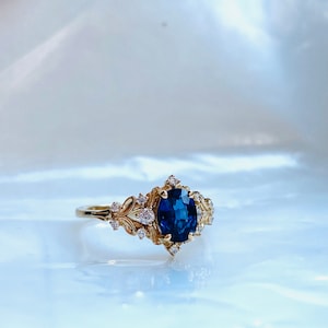 Enchanted forest blue sapphire engagement ring. Vintage filigree ring. Engagement Ring. Peach Sapphire rose gold ring by Eidelprecious image 5