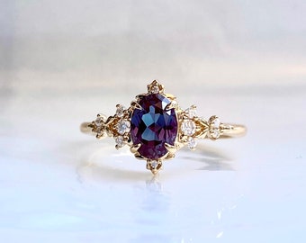Elvish Alexandrite and diamonds gold ring. Delicate unique engagement ring.