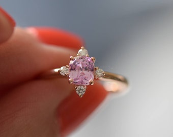 Lavender Peach sapphire engagement ring. Promise ring. Cushion engagement ring. 5 stone ring. Rose gold engagement ring by Eidelprecious