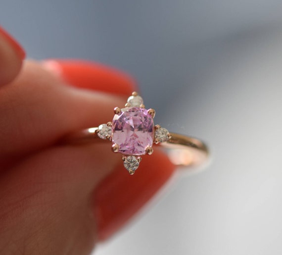 Lavender Peach Sapphire Engagement Ring. Promise Ring. Cushion Engagement Ring. 5 Stone Ring. Rose Gold Engagement Ring by Eidelprecious Etsy