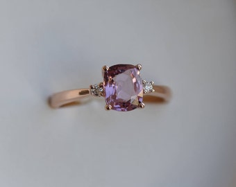 Lavender Peach sapphire engagement ring. Promise ring. Cushion engagement ring. 3 stone ring. Rose gold engagement ring by Eidelprecious